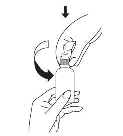 Mano che tiene flacone medicinale con ago inserito e freccia curva che indica rotazione del tappo