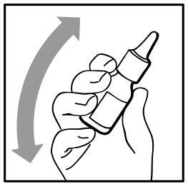 Mano che stringe un flacone contagocce bianco con tappo nero e freccia grigia curva che indica il movimento