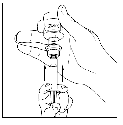 Mano che estrae farmaco da una fiala CINCREZE con una siringa trasparente frecce nere indicano la direzione