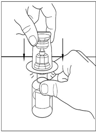 Mani che tengono e preparano una fiala medicinale con tappo e protezione rimovibili frecce indicano i passaggi