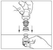 Fiala di medicinale con adattatore e ago collegati, frecce nere indicano la direzione di connessione e rimozione