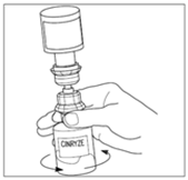 Mano che ruota un adattatore grigio su una fiala di vetro con l