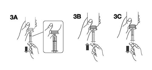 Preparazione e iniezione del farmaco con siringa preriempita, freccia nera indica direzione del movimento del pistone