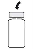 Fiala di vetro con tappo bianco e freccia nera che indica la direzione verso il basso