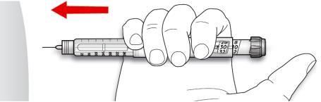 Mano che tiene un dispositivo per iniezione con ago inserito, freccia rossa indica la direzione corretta per l