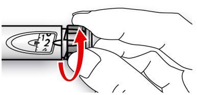 Penna iniettabile con indicatore numerico e freccia rossa che mostra la rotazione del selettore di dose