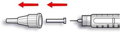 Siringa con ago separato e connettore a vite, frecce rosse indicano il movimento di accoppiamento dei componenti