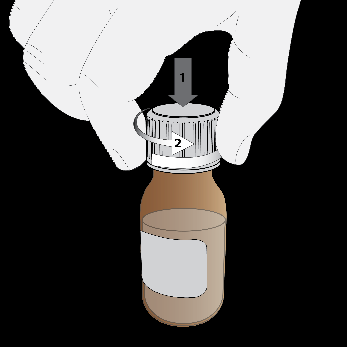 Mano guantata che svita il tappo di un flacone marrone con etichetta bianca freccia indica la direzione di rotazione