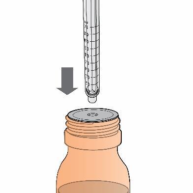 Pipetta trasparente che rilascia gocce in un flacone ambrato con tappo a vite freccia indica la direzione