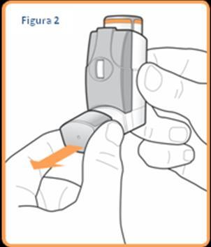 Dispositivo autoiniettante grigio e arancione tenuto in mano con una freccia che indica la pressione del pulsante