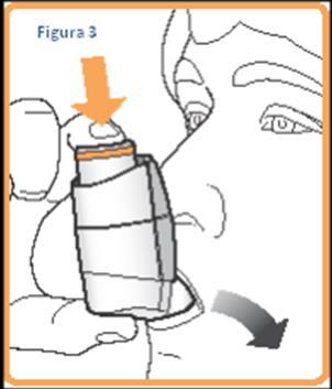 Mano che tiene un inalatore grigio e bianco con bocchino arancione e freccia che indica la rotazione