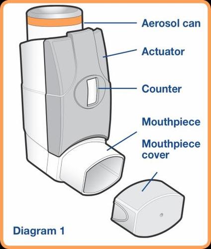 Inalatore con indicazioni di attuatore, contatore, bocchino e copribocchino separato, su sfondo bianco