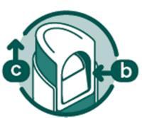 Dispositivo medico con frecce circolari e indicazioni alfanumeriche b e c su sfondo verde e bianco