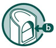 Dispositivo medico con serbatoio bianco e cursore nero indicato dalla freccia con lettera b