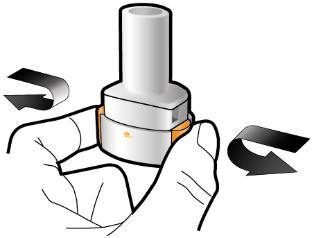 Mano che ruota un dispositivo cilindrico bianco e arancione con frecce nere che indicano il movimento di rotazione