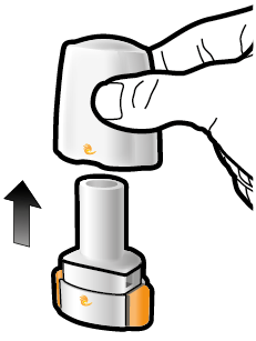Dispositivo inalatorio bianco e arancione con freccia direzionale verso l