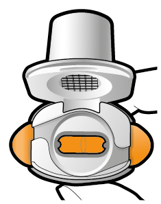 Dispositivo medico nasale con sezione trasversale che mostra la maschera, i cuscinetti arancioni e la valvola di scarico