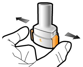 Mano che tiene un dispositivo medico bianco e arancione con frecce che indicano la direzione di rotazione