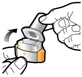 Mano che apre un inalatore di colore bianco e arancione con un movimento circolare indicato da una freccia