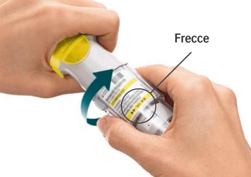 Dispositivo autoiniettante giallo e bianco tenuto da una mano, con frecce blu che indicano la rotazione e un cerchio che evidenzia la finestra di dosaggio