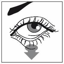 Occhio umano stilizzato con palpebre e ciglia nere, freccia grigia rivolta verso il basso sotto l