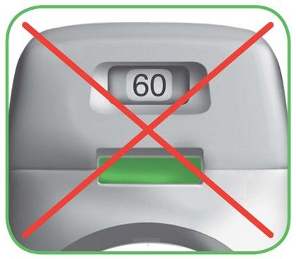 Dosatore di farmaco con indicatore a 60 unit&agrave; barrato da una croce rossa e area verde evidenziata