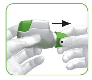 Mani che assemblano un dispositivo medico bianco e verde con una freccia nera che indica la direzione di connessione