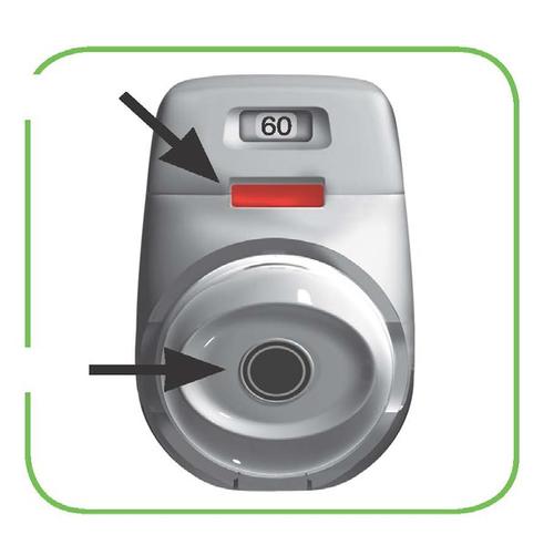 Dispositivo autoiniettante grigio con indicatore numerico 60 e frecce nere che mostrano i punti di pressione