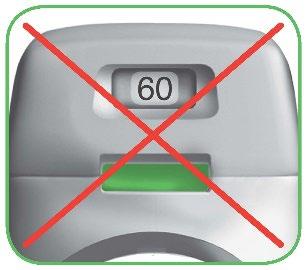 Dispositivo di insulina con display che indica 60 barrato da una croce rossa e pulsante verde in basso