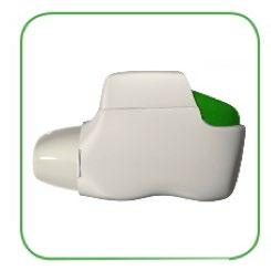Dispositivo autoiniettante bianco con pulsante verde, design ergonomico per facilitare l