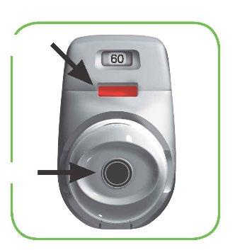 Dispositivo medico grigio con display digitale che indica 60 e pulsante rosso evidenziato da frecce nere