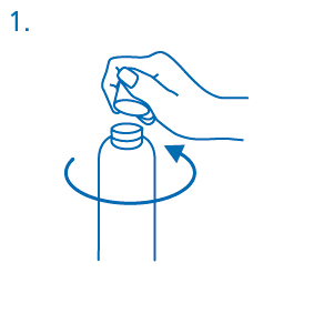 Mano che svita il tappo da un flacone medicinale trasparente con freccia curva blu che indica la rotazione