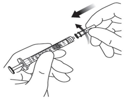 Mano che assembla una siringa con ago, freccia indica la connessione e scala graduata visibile sul cilindro