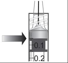Siringa trasparente con pistone in movimento indicato da freccia, scala graduata da 0.1 a 0.2 e liquido interno