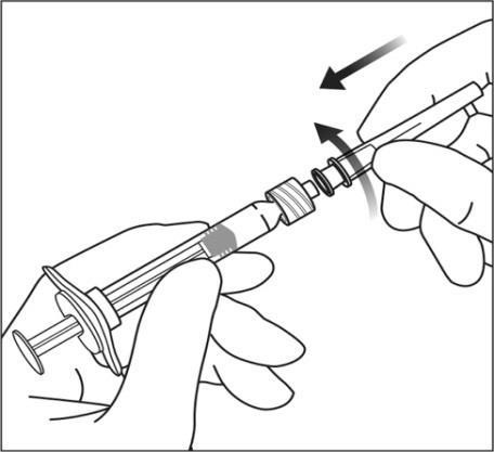 Mano che assembla una siringa preriempita con ago, mostrando il cappuccio protettivo nero da rimuovere e la freccia che indica la direzione