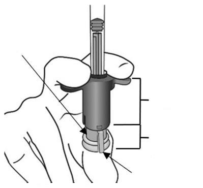 Mano che tiene un autoiniettore con indicazione delle dimensioni e frecce che mostrano la pressione sull