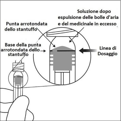 Dettaglio di una siringa con stantuffo e ago, frecce indicano la punta arrotondata, base e linea di dosaggio, espulsione aria e medicinale in eccesso