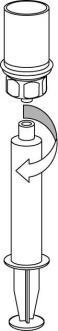 Fiala con stantuffo e base, freccia curva indica movimento di estrazione del tappo superiore per l