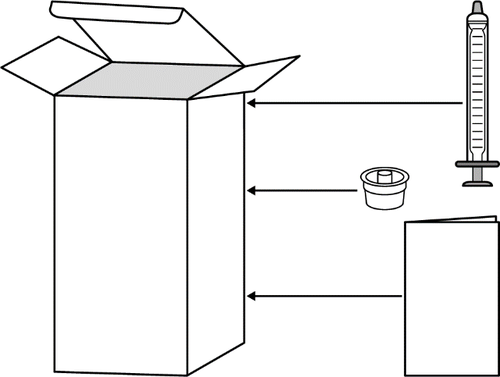 Confezione aperta con siringa preriempita, tappo di protezione e foglietto illustrativo accanto
