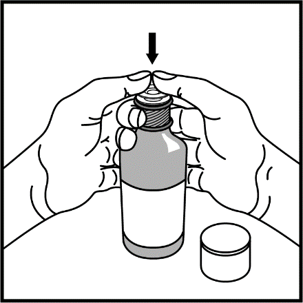 Mani che tengono un flacone medicinale grigio con tappo a vite e accanto il tappo rimosso freccia nera indica la direzione