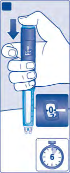 Mano che tiene un dispositivo per iniezione blu e nero con ago esposto e indicatore di dose a zero sotto un orologio segna le 6