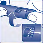 Siringa preriempita blu con scala graduata e stantuffo indicato da una freccia, dettaglio del meccanismo di dosaggio e marcatura 2.4