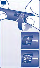 Penna iniettabile con indicatore di dose numerico e freccia blu che indica la regolazione del dosaggio da 4 a 6 e da 24 a 26