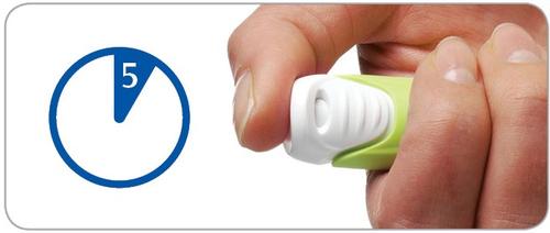 Mano che ruota il dispositivo di iniezione con parte bianca e verde a spirale e cerchio blu con numero 5