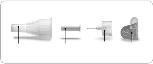 Componenti di una siringa preriempita: stantuffo, ago, corpo della siringa e protezione dell