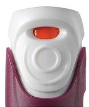 Dispositivo iniettore penna con pulsante arancione centrale e corpo bianco e viola