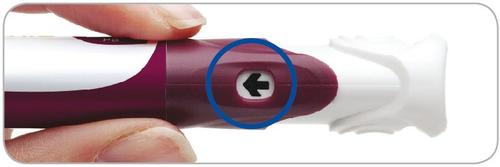 Penna iniettabile bianca e viola con cerchio blu che evidenzia il pulsante di rilascio nero a freccia