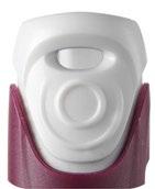 Dispositivo autoiniettante bianco con supporto rosso, pulsante centrale e meccanismo di rilascio visibile