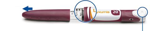 Penna per iniezione Lyxumia 20 con indicatore di dose e frecce blu che mostrano la direzione di regolazione