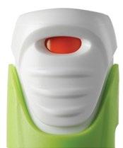 Dispositivo autoiniettante con corpo bianco e supporto verde, pulsante rosso centrale per l